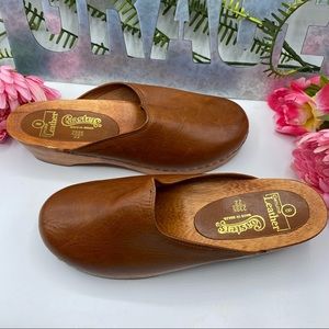 Coasters 8 Brown Leather Clog Chunky Heel Brazil Wooden Heel